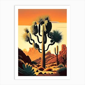 Joshua Trees In Mountains Retro Illustration (3) Art Print