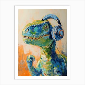 Green Orange Blue Dinosaur With Headphones On 1 Art Print