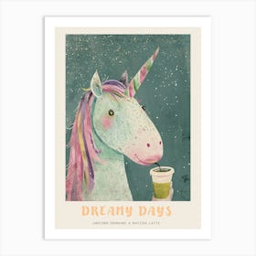 Pastel Storybook Style Unicorn Drinking A Matcha Latte 1 Poster Art Print