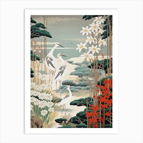 Snowdrop And Cranes Vintage Japanese Botanical Art Print