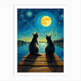 Two Cats Looking At The Moon Art Print