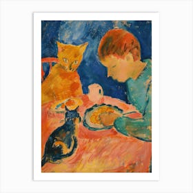 Portrait Of A Boy With Cats Having Dinner 5 Art Print