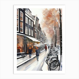 Amsterdam cafes, winter season, Christmas, autumn oil colors, pale colors, pedestrians in the street, winter clothes, falling snow.1 1 Art Print