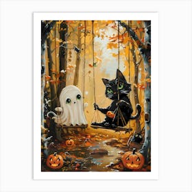 Halloween Cat And Ghost On Swing Art Print