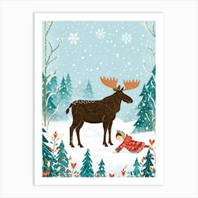 Illustration Of A Serene Scandinavian Winter Forest Moose With Ornamented Antlers Standing In A Sno Art Print