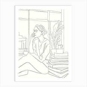 Girl Reading A Book Hand Drawing Line Art Art Print