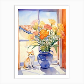 Cat With Calla Lily Flowers Watercolor Mothers Day Valentines 1 Art Print