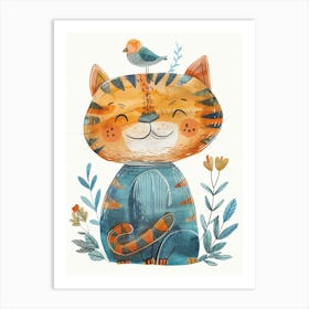 Small Joyful Tiger With A Bird On Its Head 1 Art Print