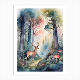 Watercolor Deer In The Forest Art Print