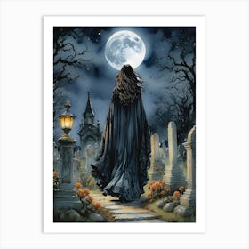 A Witch in a Gothic Graveyard on a Full Moon - A Witchy Woman in Beautiful Black Lace Cloak Drawn to a Gothic Graveyard on a Full Moon Witchcraft Art for Spooky Cute Goth Girl Pagan Wicca Creepy Fairytale Magick Zodiax Feature Gallery Wall Cemetery Lover HD Art Print