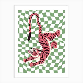 Tiger On Green Checkered Pattern Art Print