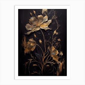 Gold Flowers On Black Background Art Print