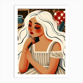 Pretty Woman Girl with Long White Hair and Dress Portrait Art Print