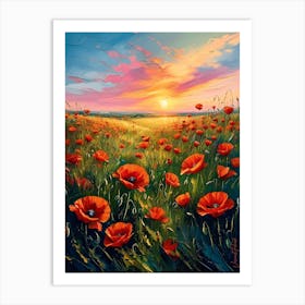 Flower Fields Of Poppies At Dawn Art Print