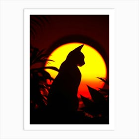 Silhouette Of Cat At Sunset Art Print