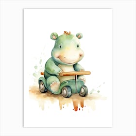 Baby Hippopotamus On Toy Car, Watercolour Nursery 1 Art Print