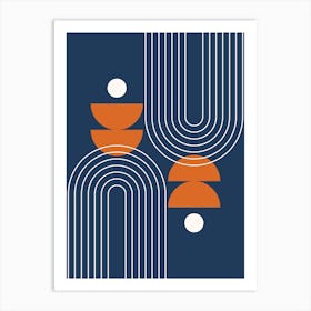Mid Century Modern Geometric Abstract Rainbow, Moon Phases and Sun in Navy Blue Retro Burnt Orange 1 Art Print