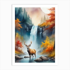 Deer In Autumn By The Waterfall Art Print