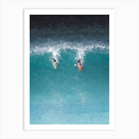 Two Surfers On A Huge Wave Oil Painting Landscape Art Print