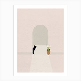 Minimal art of cat behind the door Art Print