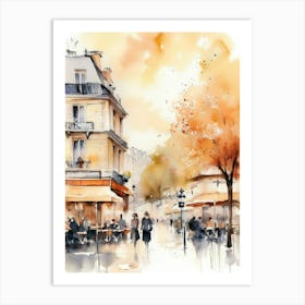 Paris city, passersby, cafes, apricot atmosphere, watercolors.4 Art Print