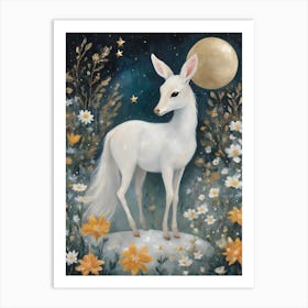 Enchanted ~ Dreamy Fawn Enchanting Woodland Creature Painting With Gold Moon and Florals Art Print