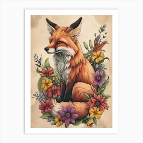 Amazing Red Fox With Flowers 17 Art Print