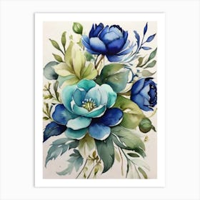 Blue Flowers Watercolor Painting Art Print