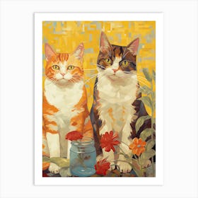 Orange And White Cats With Flowers Oil Painting Art Print