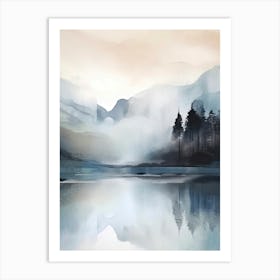 Watercolour Landscape, Blue Nordic Nature Lake 1 Art Print