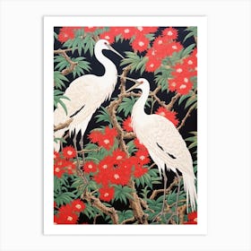 Cranes In Bush Clover Vintage Japanese Botanical Art Print