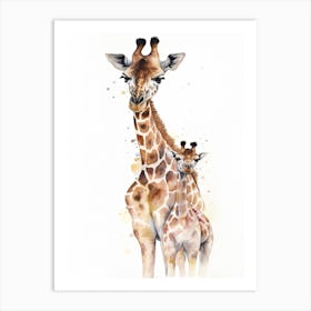 Giraffe And Baby Watercolour Illustration 3 Art Print