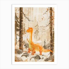 Orange Dinosaur Collecting Sticks Storybook Style Art Print