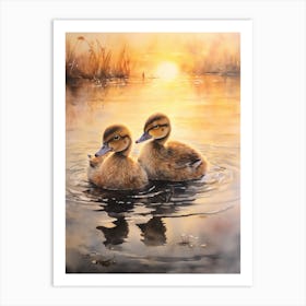 Ducks Swimming In The Lake At Sunset Watercolour 1 Art Print