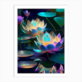 Lotus Flowers In Garden Holographic 4 Art Print