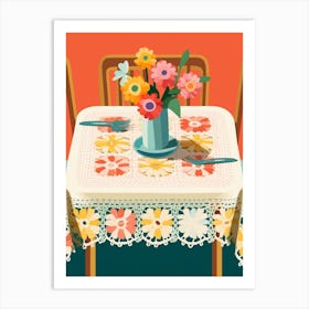 Crochet Table With Flowers Illustration  Art Print