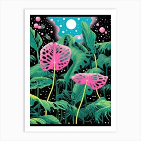 Pink Flowers In The Night Sky | Inspired by Yayoi Kusama Art Print