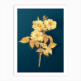 Vintage Rose of Castile Botanical in Gold on Teal Blue n.0240 Art Print