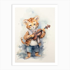 Tiger Illustration Playing An Instrument Watercolour 4 Art Print