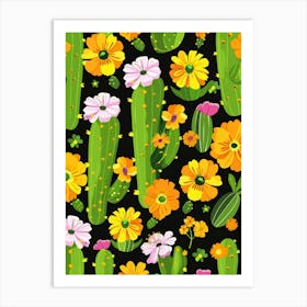 Seamless Pattern With Cactus And Flowers Art Print