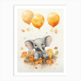 Elephant Flying With Autumn Fall Pumpkins And Balloons Watercolour Nursery 1 Art Print