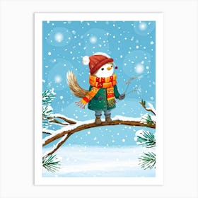 Sparrow Donning A Cozy Winter Outfit With Scarf And Hat Perched Cheerfully On A Frosty Woodland Bran Art Print