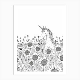 Black & White Unicorn In A Sunflower Field Art Print