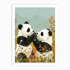 Giant Panda Two Bears Playing Together In A Meadow Storybook Illustration 3 Art Print