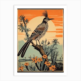 Vintage Bird Linocut Roadrunner 2 Art Print