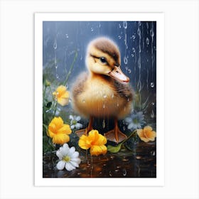 Duckling In The Rain Floral Painting 4 Art Print