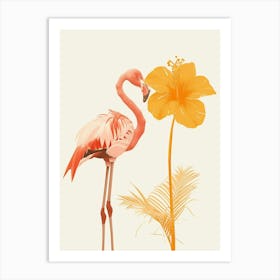 Lesser Flamingo And Tiare Flower Minimalist Illustration 3 Art Print