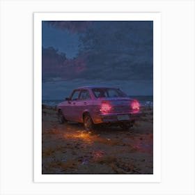 Pink Car On The Beach 1 Art Print