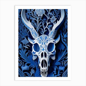 Animal Skull 2 Blue Linocut Art Print