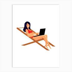 Woman Using Laptop In Beach Chair Art Print